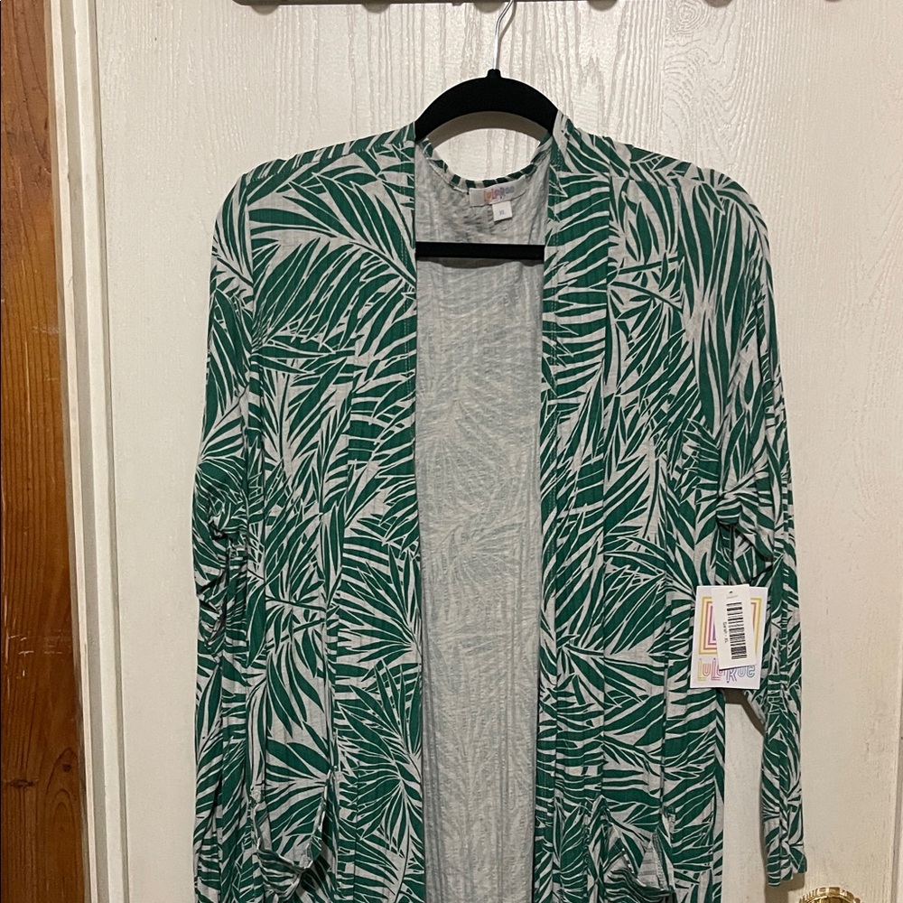 LuLaRoe Green and White Leaf Print Sarah Cardigan XL Featuring Pockets BNWT Long